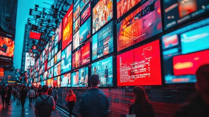 Poster - Crowds gather on a bustling city street, surrounded by large, colorful digital displays illuminating the night sky