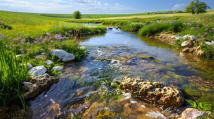 Canvas Print - A small stream with clear water runs