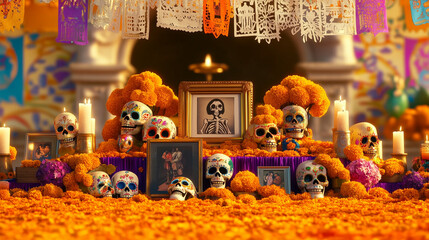 A table covered in orange flowers and skulls with candles in front of it