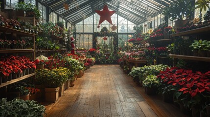Poster - A beautifully arranged greenhouse showcases a variety of vibrant plants, with festive decorations and a warm, inviting atmosphere