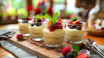 Wall Mural - Creamy pudding decorated with fresh berries and mint