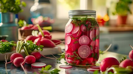 Wall Mural - Pickled radishes sliced and placed in a jar