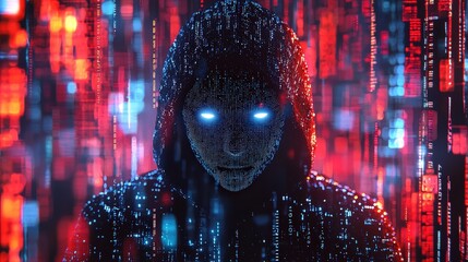 Leinwandbilder - A hooded figure stands amidst streams of glowing binary code, emanating an aura of mystery and technology, set in a dark, digital landscape