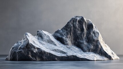 A large rock covered in snow sits on a body of water