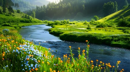 Poster - The winding river flows through a green valley