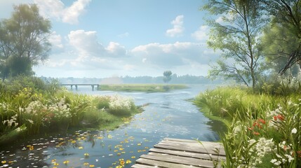 Wall Mural - A river with banks covered with wild grass