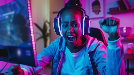 Poster - A woman is playing a video game and is very excited