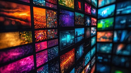 Aufkleber - A striking array of colorful visuals is displayed on multiple screens in a contemporary setting. The walls are alive with bright hues and dynamic patterns