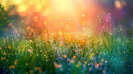 Wall Mural - Morning dew on green meadows where every blade