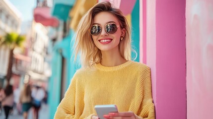 Woman wearing sunglasses smiling, city background.