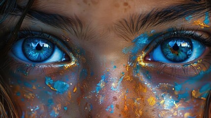 Wall Mural - Woman with blue and yellow paint looking up closeup