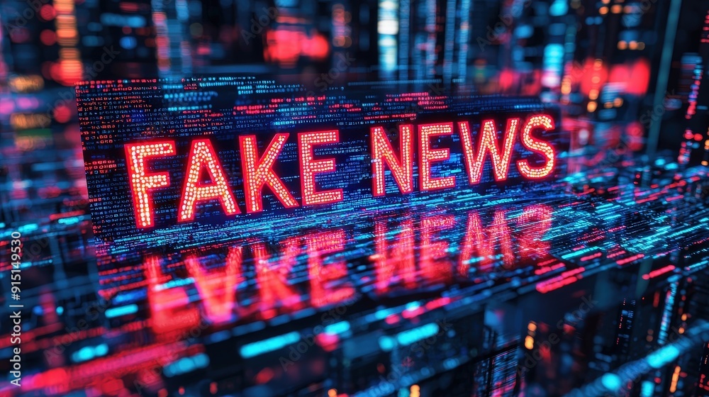 Vivid red text reading fake news appears against a backdrop of ...