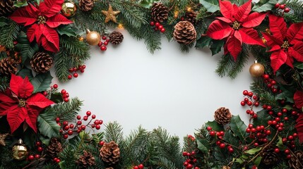 Poster - A beautiful arrangement of red poinsettias, pinecones, and ornaments creates a festive holiday wreath ready for decoration