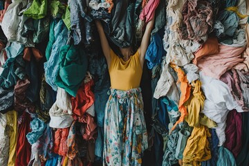 Fashion designer is posing with her arms up, covered by colorful fabrics and textiles