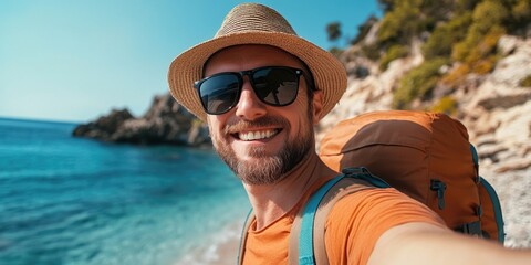 Wall Mural - A person taking a photo of themselves on a sunny day at the beach, possibly for social media or personal use