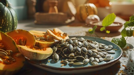 Wall Mural - Seeds poured onto a ceramic plate their green