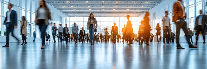 Poster - Crowds of people move through a contemporary space illuminated by the warm glow of the setting sun