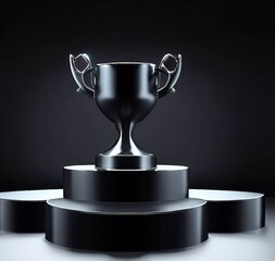 Black winner trophy ceremony award podium isolated 3d background Victory first place champion empty