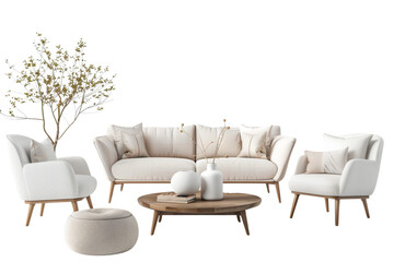 Modern living room setup with white sofa, armchairs, pouf, wooden coffee table, and decorative plant. Minimalist interior design.