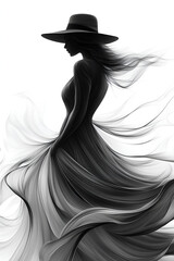 Wall Mural - Monochrome a minimalist, abstract silhouette of a stylish woman in a flowing dress and hat, drawn with bold, sweeping lines