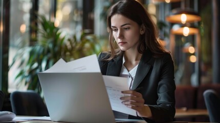 Wall Mural - A woman is sitting at a table with a laptop open