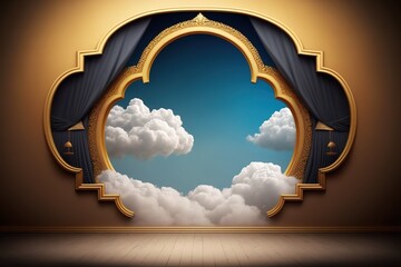 Ornate window frame with clouds in a surreal sky.