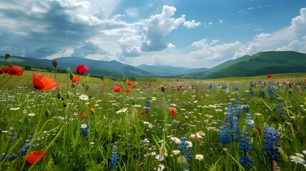 Sticker - The meadow is spacious with colorful wildflowers such