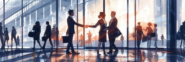 Poster - Two business people shake hands in front of a modern office building, symbolizing partnership and collaboration in a corporate environment. Generative AI