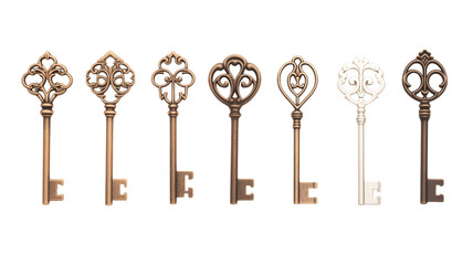 Set of vintage antique key collection, featuring old and rusty metal keys in various shapes and silhouettes