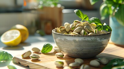 Wall Mural - Pistachios in a small bowl on a wooden