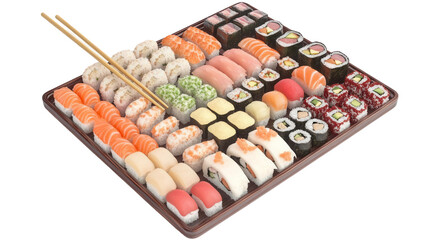 Wall Mural - a tray of assorted sushi with chopsticks on transparent background