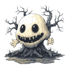 Smiling, skeletal head with two small arms growing from tree trunk cartoon generative ai