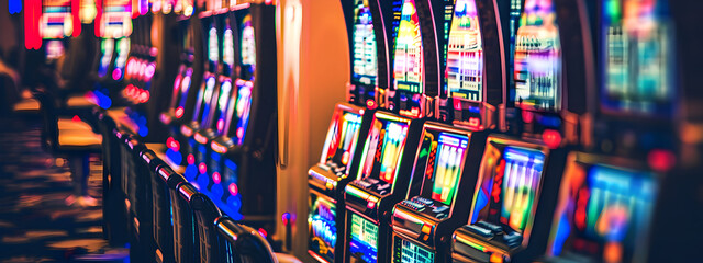 A row of colorful slot machines in a casino hall. The concept of casino gaming facilities.