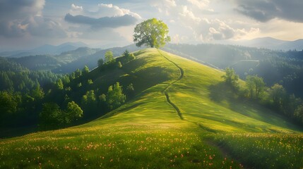 Canvas Print - The hill is green after mowing covered