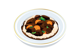 Wall Mural - Stewed beef with rice and carrot on a plate vector illustration. Beef stew and rice on a plate icon vector isolated on a white background. Beef goulash drawing