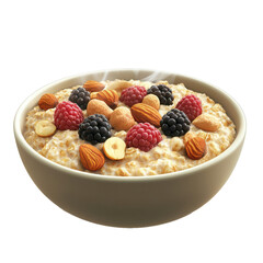 Wall Mural - a bowl of steaming hot oatmeal with nuts and berries on transparent background