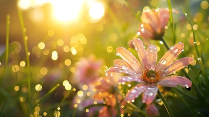 Wall Mural - Morning flowers in dew their petals sparkle