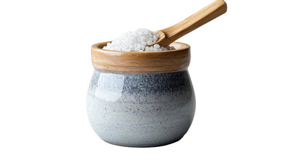 Wall Mural - A ceramic jar of sea salt with a wooden spoon on transparent background