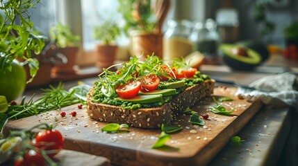 Canvas Print - Spinach slice of whole grain bread with avocado