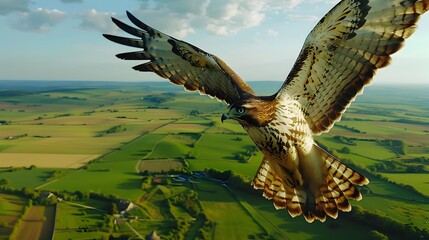 Wall Mural - A hawk soars over green meadows and fields