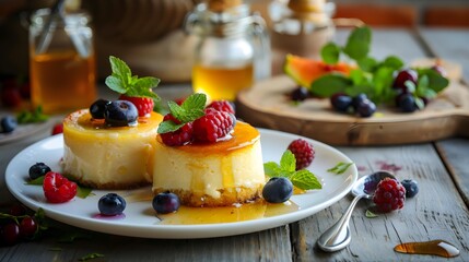 Wall Mural - Cheesecakes served with honey and fresh berries