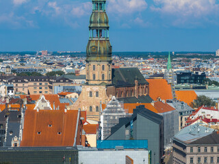 Aerial view of the Riga old town in Latvia. Riga Cityscape In Sunny Summer Day. Famous Landmark - Riga Dome Cathedral