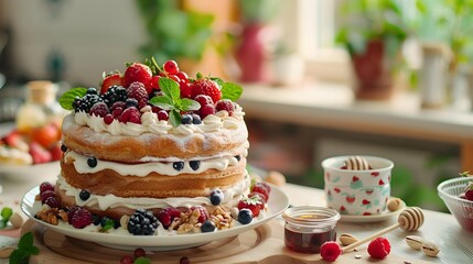 Wall Mural - Cake decorated with fresh berries and whipped cream