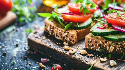 Wall Mural - Tofu slice of rye bread decorated with fresh