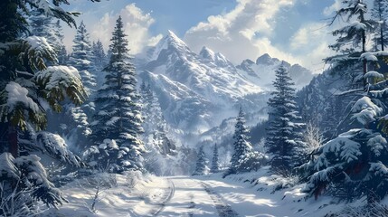 Poster - The trail leads through snow capped peaks