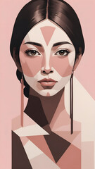 Wall Mural - An illustration featuring a stylized woman's face with geometric shapes and soft pink and brown tones