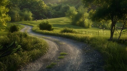 Wall Mural - The path leads through a pasture its surface