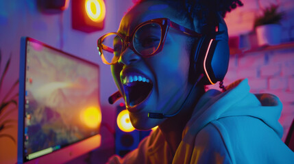 Poster - A woman is playing a video game and is smiling