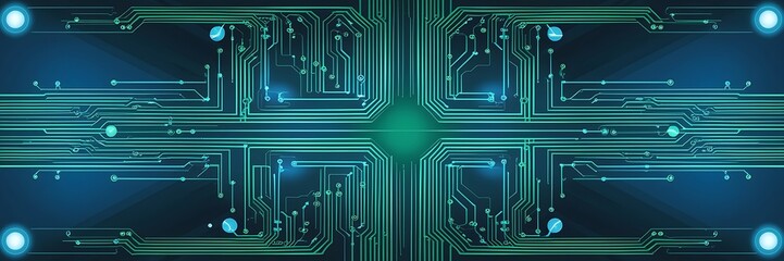 Poster - Circuit board featuring glowing circles, green and blue lines. Perfect for technology, electronics, innovation, and futuristic concepts.