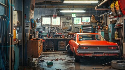 A mechanica??s garage with tools hanging on the walls and cars being repaired.